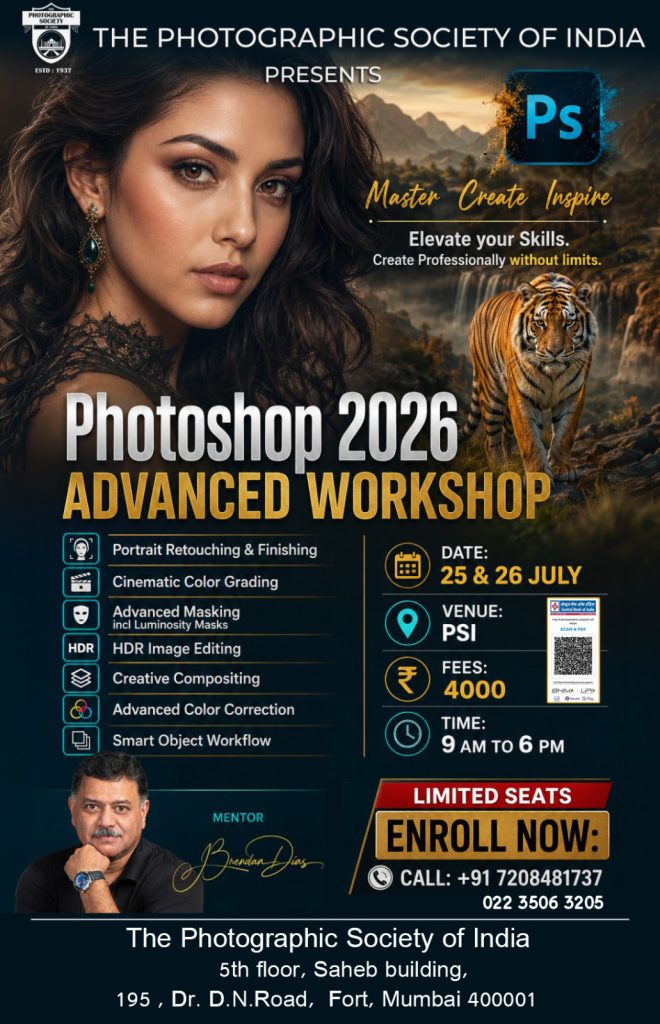 Poster: Photoshop 2026 Advanced Workshop, mentor Brendan Dias, 25 & 26 July 2026, 9am–6pm at PSI