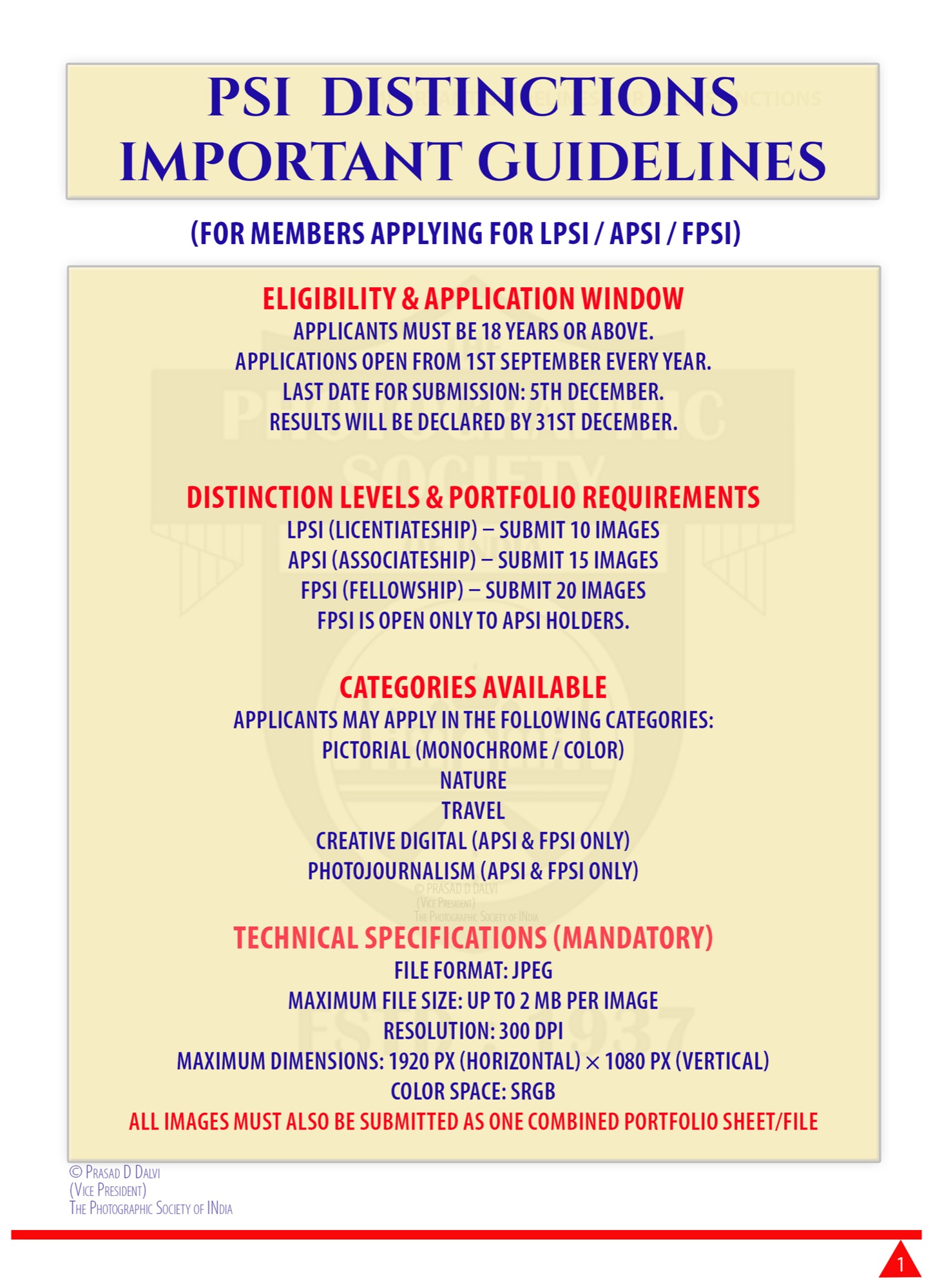 PSI Distinctions Important Guidelines poster 1: eligibility and application window (18+, 1 September to 5 December, results by 31 December), portfolio sizes (LPSI 10, APSI 15, FPSI 20 images), categories, and mandatory technical specifications