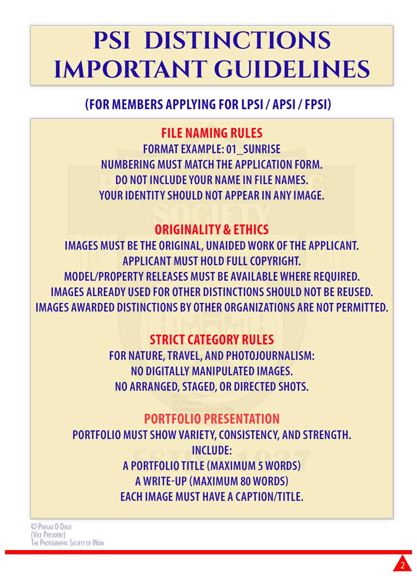 PSI Distinctions Important Guidelines poster 2: file naming rules, originality and ethics, strict category rules for Nature, Travel and Photojournalism, and portfolio presentation