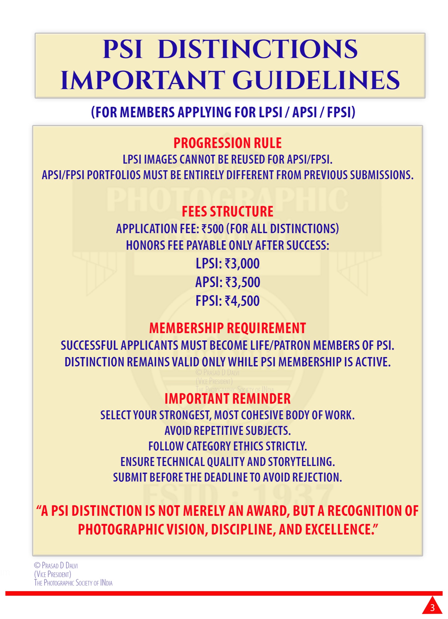 PSI Distinctions Important Guidelines poster 3: progression rule, fees structure, membership requirement and important reminders